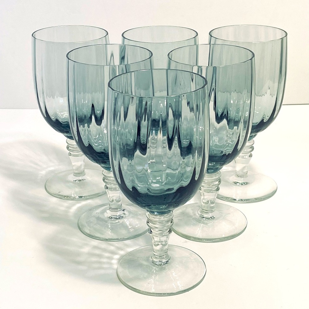 Denby SUMMER SMOKE Ribbed Wine Water Goblets Glasses Grey/Blue Set Of 6 Poland